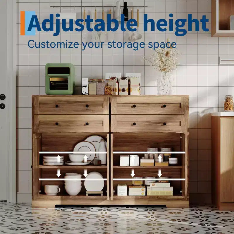 Credenza da Cucina con Mobile Contenitore, Mobile Bar in Legno Rustico Grande 140 cm con 4 Ante e 4 Cassetti per Cucina Soggiorno Sala da Pranzo