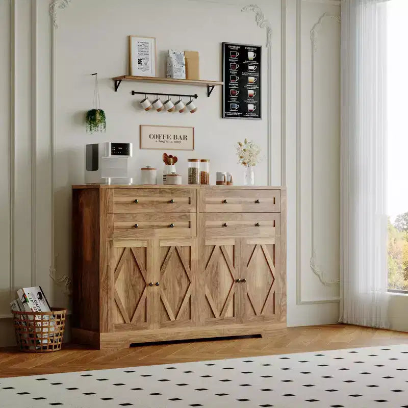 Credenza da Cucina con Mobile Contenitore, Mobile Bar in Legno Rustico Grande 140 cm con 4 Ante e 4 Cassetti per Cucina Soggiorno Sala da Pranzo