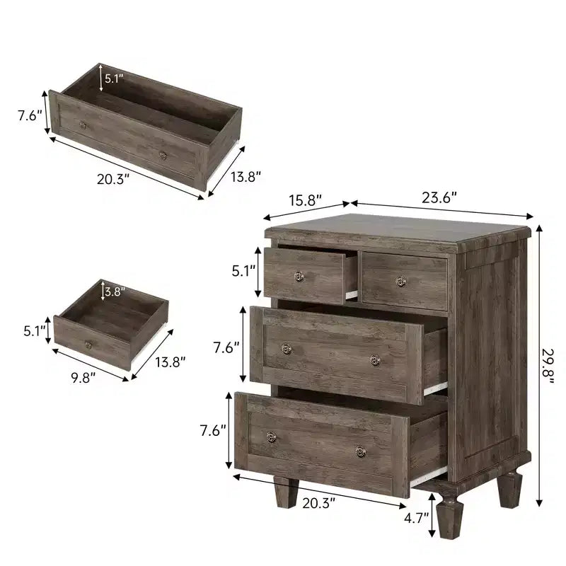 Cassettiera in Legno a 4 Cassetti per Camera da Letto, Organizer Vintage con Gambe Affusolate e Maniglie Intagliate, Grande Capacità