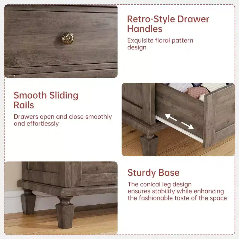 Cassettiera in Legno a 4 Cassetti per Camera da Letto, Organizer Vintage con Gambe Affusolate e Maniglie Intagliate, Grande Capacità