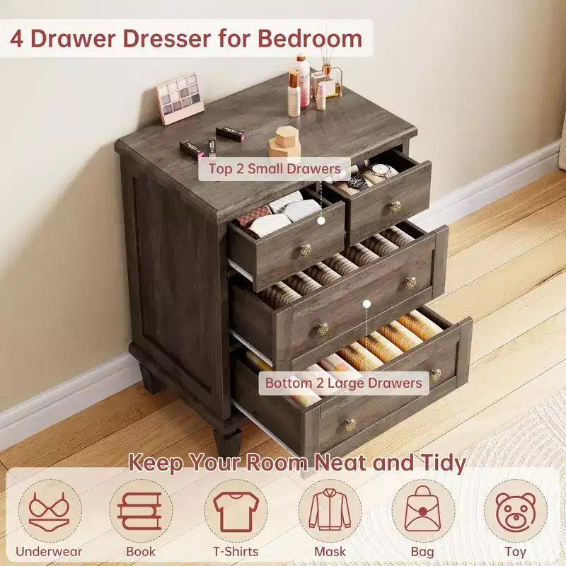 Cassettiera in Legno a 4 Cassetti per Camera da Letto, Organizer Vintage con Gambe Affusolate e Maniglie Intagliate, Grande Capacità