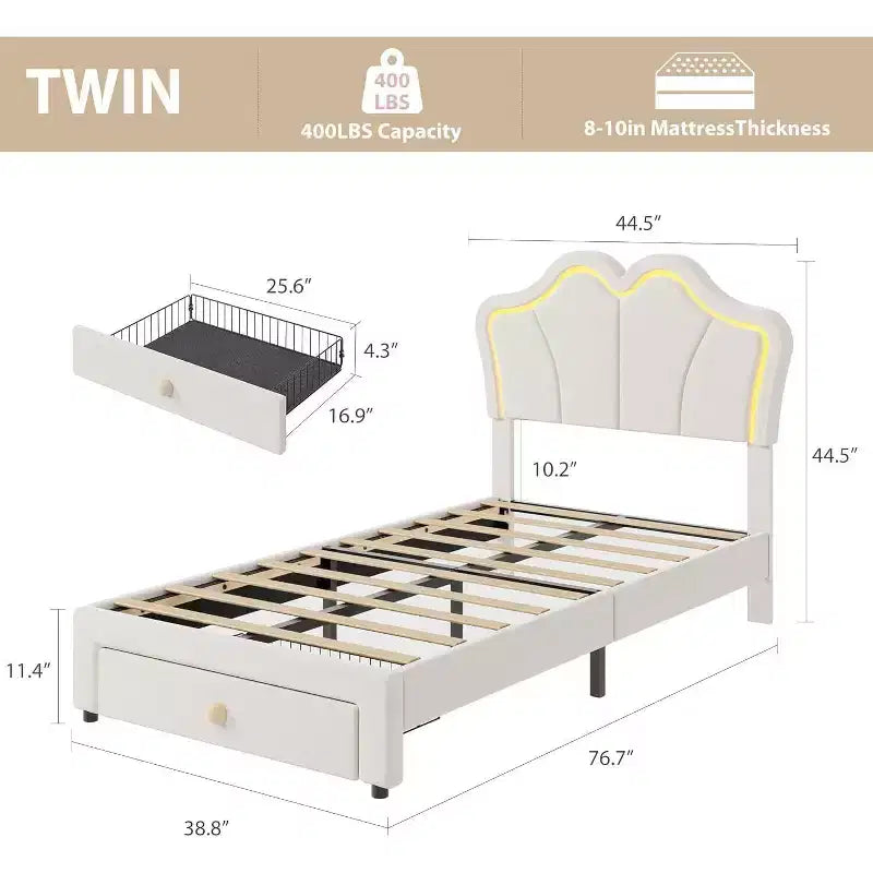 Struttura letto imbottita a LED con graziosa testiera e contenitore per bambini e ragazze