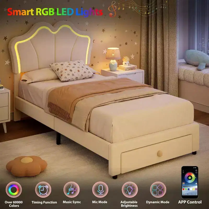 Struttura letto imbottita a LED con graziosa testiera e contenitore per bambini e ragazze