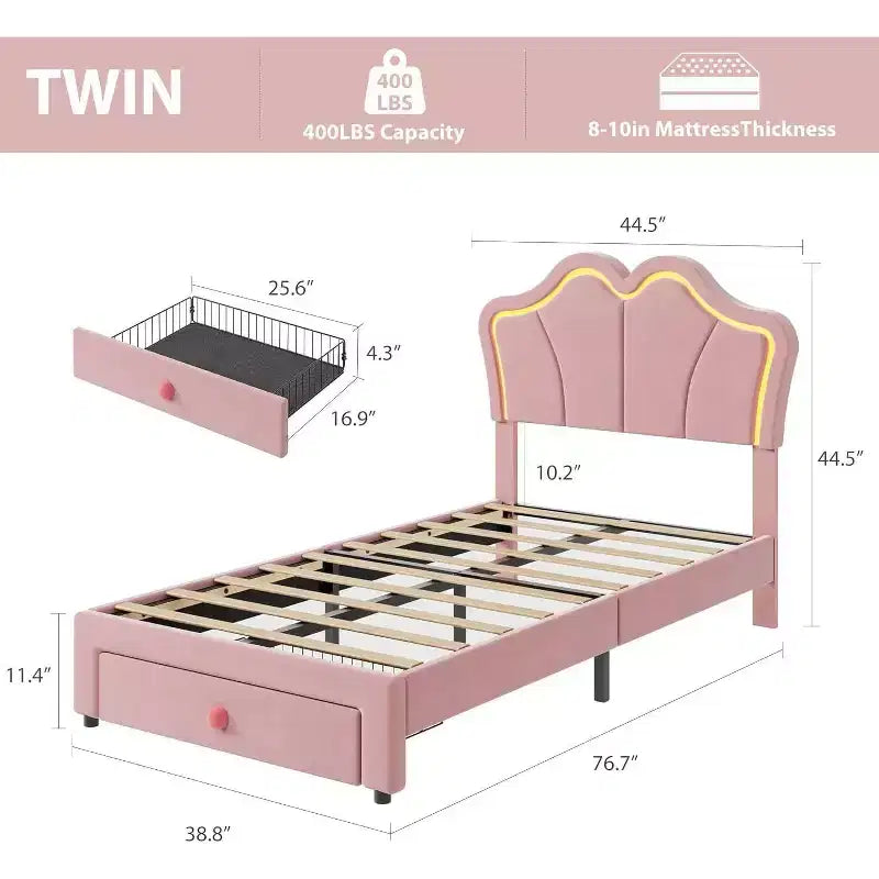 Struttura letto imbottita a LED con graziosa testiera e contenitore per bambini e ragazze