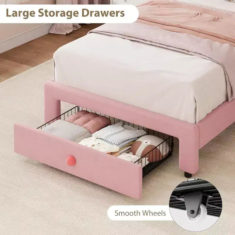 Struttura letto imbottita a LED con graziosa testiera e contenitore per bambini e ragazze
