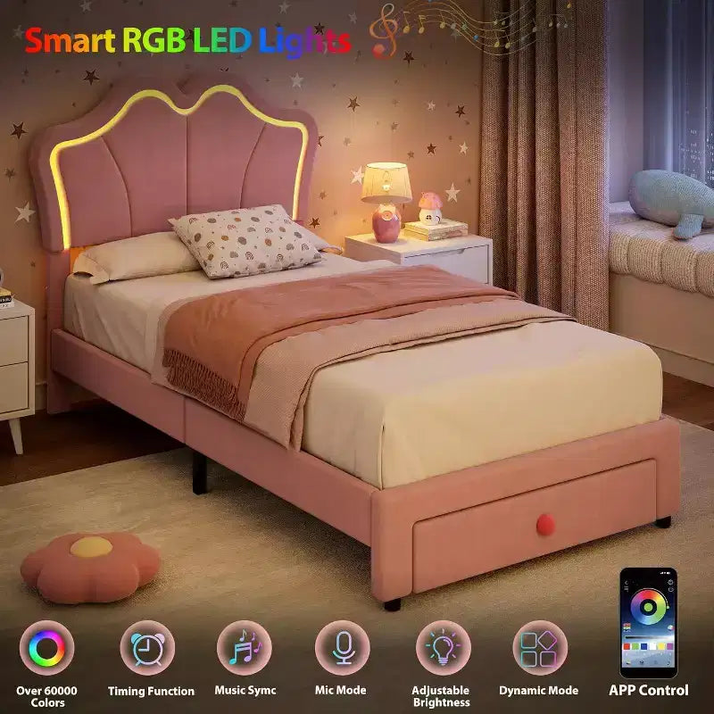 Struttura letto imbottita a LED con graziosa testiera e contenitore per bambini e ragazze
