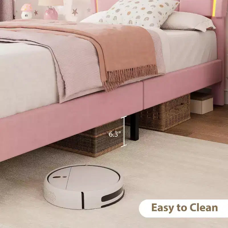 Struttura letto imbottita a LED con graziosa testiera e contenitore per bambini e ragazze