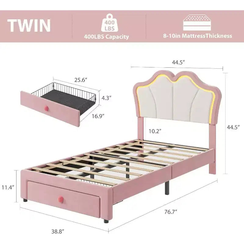 Struttura letto imbottita a LED con graziosa testiera e contenitore per bambini e ragazze