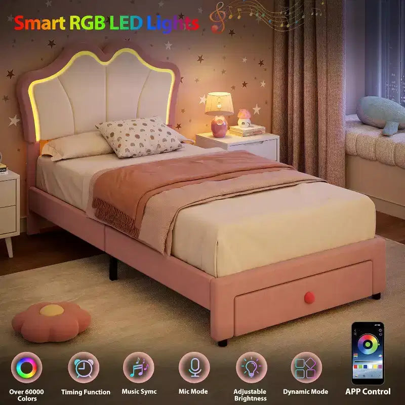 Struttura letto imbottita a LED con graziosa testiera e contenitore per bambini e ragazze