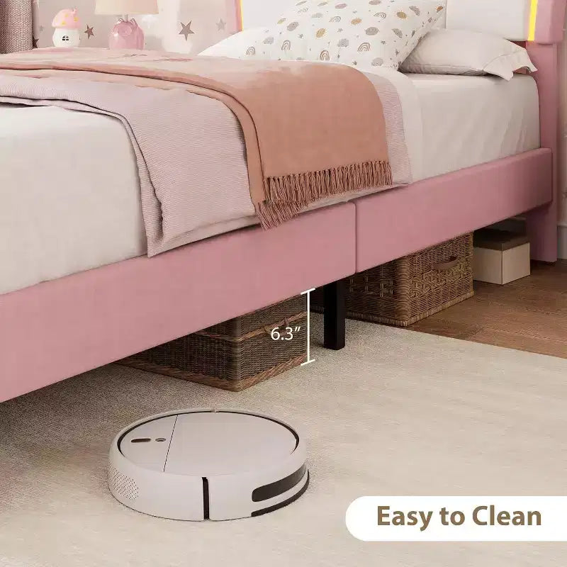 Struttura letto imbottita a LED con graziosa testiera e contenitore per bambini e ragazze