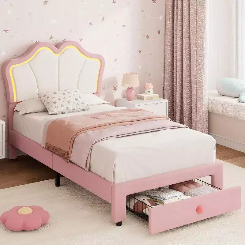 Struttura letto imbottita a LED con graziosa testiera e contenitore per bambini e ragazze