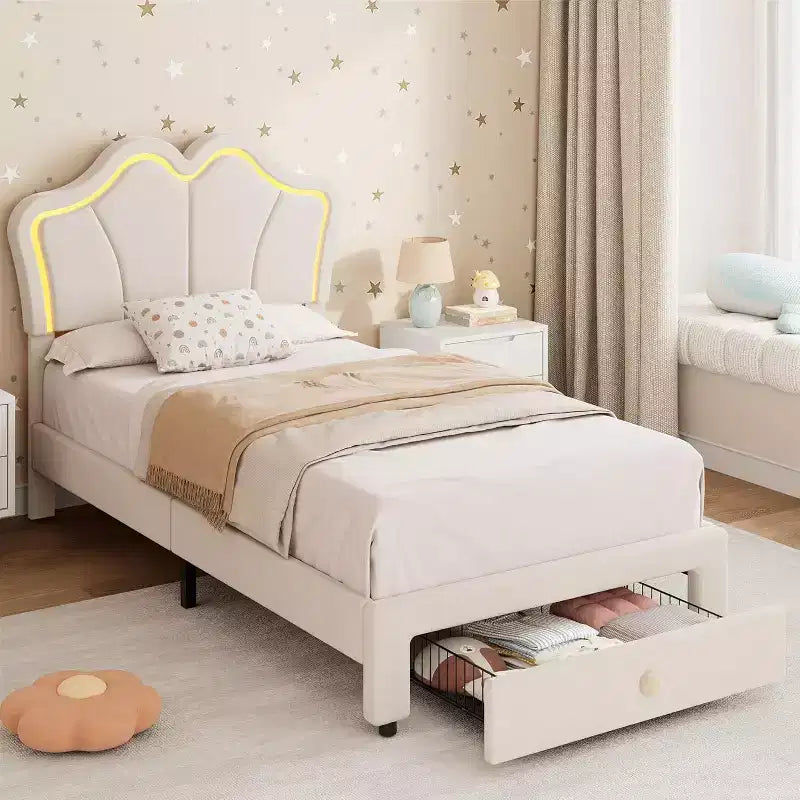 Struttura letto imbottita a LED con graziosa testiera e contenitore per bambini e ragazze