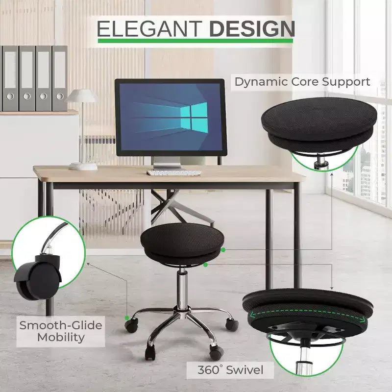 Sgabello Oscillante da Ufficio Regolabile ad Aria Nero - Rotelle per Equilibrio, Attivazione Core, Rivestimento in Poliestere, Telaio in Acciaio