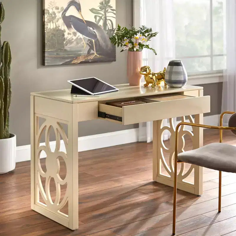 Scrivania Floral con Gambe a Pannello Bianca, in Legno Massello di Hevea, Stile Moderno di Metà Secolo, 112 cm di Larghezza