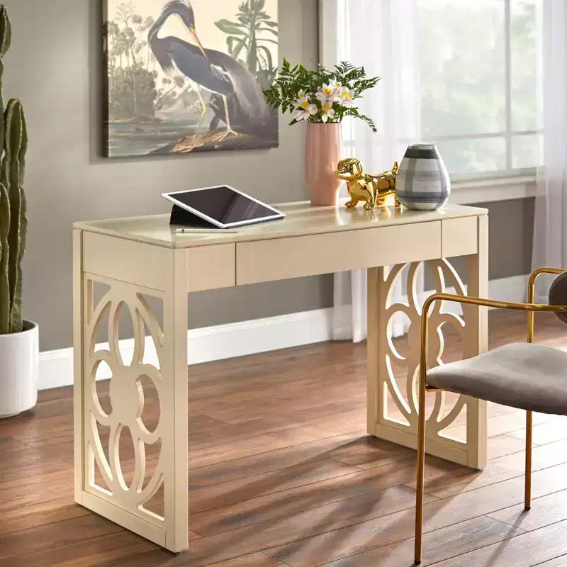 Scrivania Floral con Gambe a Pannello Bianca, in Legno Massello di Hevea, Stile Moderno di Metà Secolo, 112 cm di Larghezza