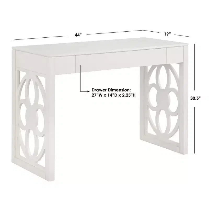 Scrivania Floral con Gambe a Pannello Bianca, in Legno Massello di Hevea, Stile Moderno di Metà Secolo, 112 cm di Larghezza
