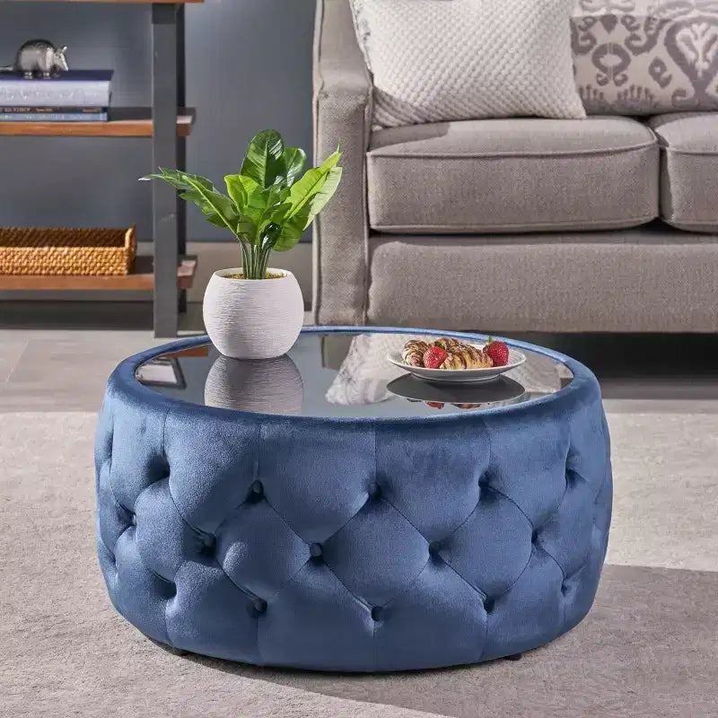 Tavolino Pouf Glam Blu - Velluto, Vetro Temperato, Lussuoso Arredamento da Soggiorno