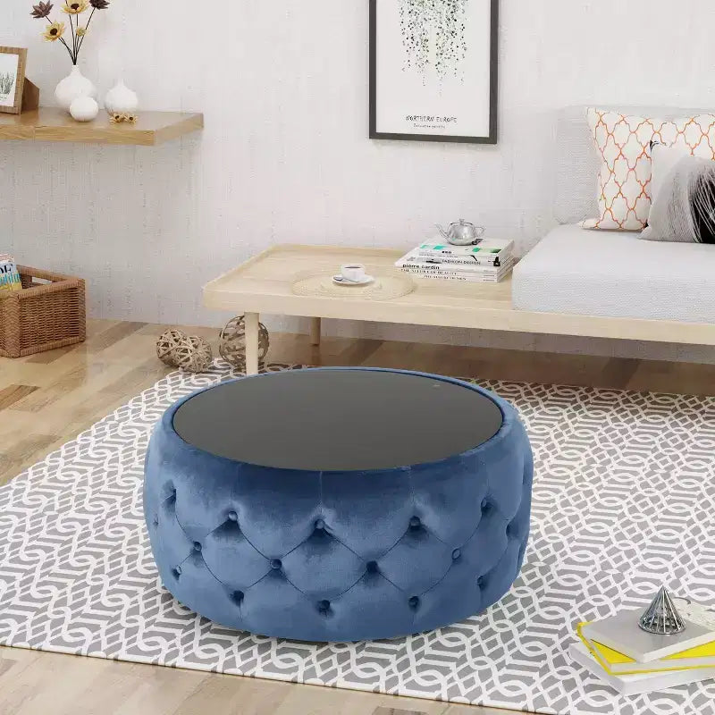 Tavolino Pouf Glam Blu - Velluto, Vetro Temperato, Lussuoso Arredamento da Soggiorno
