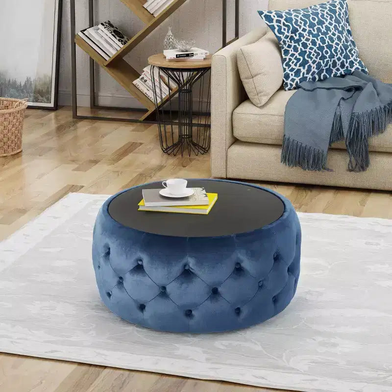 Tavolino Pouf Glam Blu - Velluto, Vetro Temperato, Lussuoso Arredamento da Soggiorno