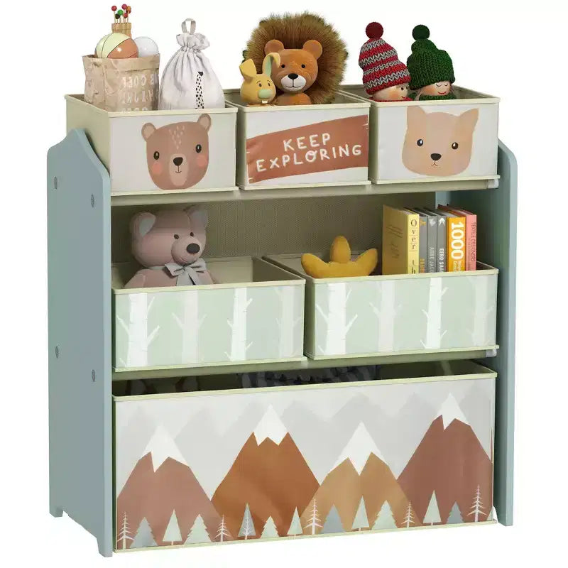 Organizzatore per giocattoli con 6 contenitori, mobiletto portaoggetti per la camera da letto dei bambini, 25 x 12 x 26